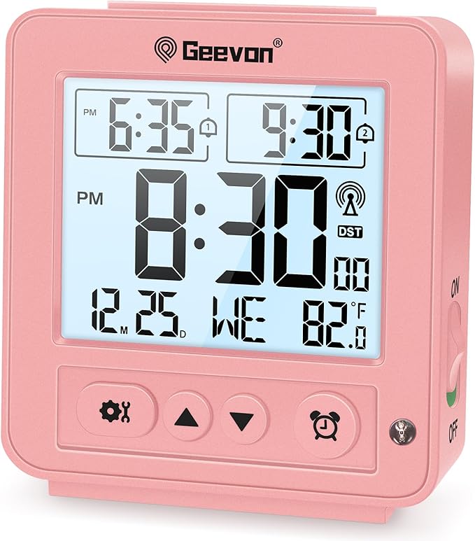 Geevon Small Digital Atomic Alarm Clock for Bedroom, Travel Table Clock with Auto/8s Backlight, 2 Alarm, Temperature, Desk Clock Battery Operated for Deep Sleepers Kids Elderly Home Office, Pink