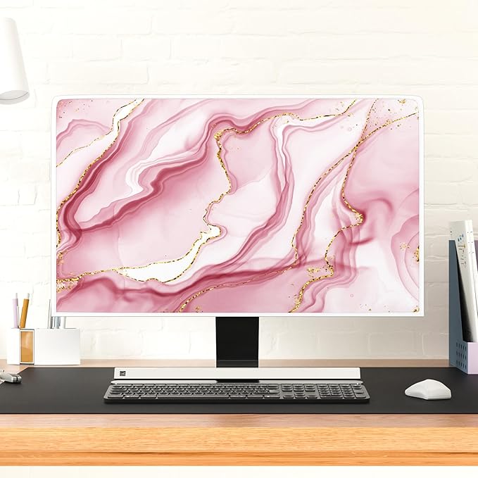 Baocicco Gold Pink Marble Waterproof Computer Monitor Dust Cover 22, 23, 24, 25 Inch Monitor Accessories Laptop TV LCD Screen Decoration for Tablet Anti-Static Dustproof Protective for Home Office