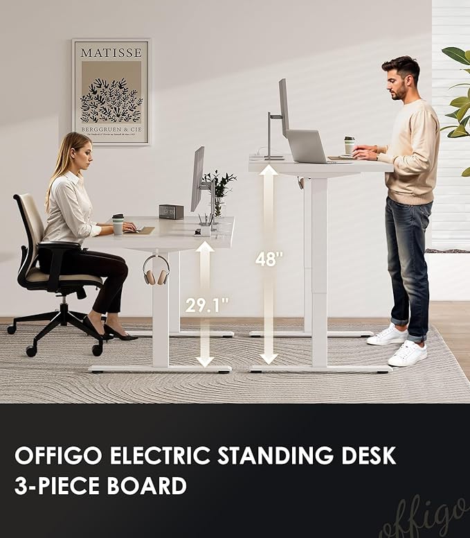 OffiGo 79 Inch Executive Electric Standing Desk, Height Adjustable Desk with Power Outlet & 1.38" Thick 3-Piece Desktop, Sit Stand Computer Desk for Home, Office, Conference Room, White