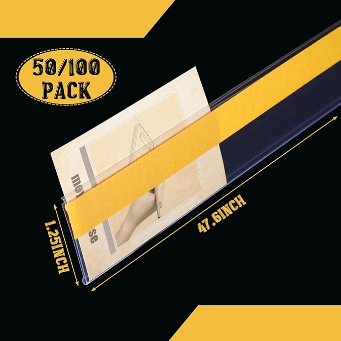 Fainne 100 Pcs 1.25 Inch Shelf Label Strip Holders Plastic Wire Shelf Price Tag Holder Self Adhesive Clear PVC Front and Back Labels Strip for Gondola Price Tag Wood Metal Rack, 48 Inches Long