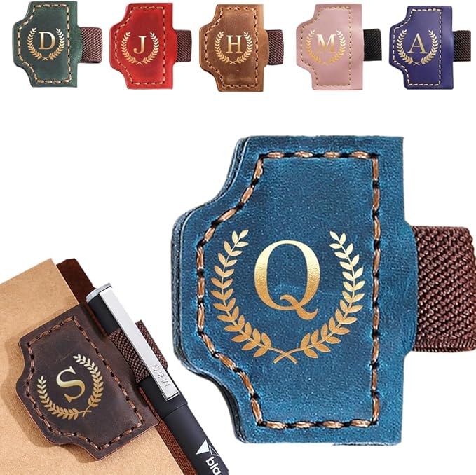 Personalized Mark Bookmark with Pen Holder, Leather Magnetic Book Marker 26 Letters,Custom Initials Page Marks, Gifts for Book Lovers Readers Men Women (Blue, Q)