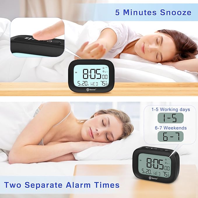 Geevon Small Travel Alarm Clock, Digital Alarm Clocks for Bedrooms Home Office, Battery Operated Desk Clock with 3 Inch Large Display, 2 Alarms, 5s Backlight, Snooze, Indoor Temperature, Black