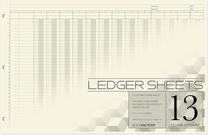 BookFactory Ledger Sheets/Large 13 Column Accounting Ledger Columnar (Thirteen Columns) Loose Leaf Paper - 17'' x 11'', 50 Pages, Loose Leaf, 3 Hole Punched (Made in USA)