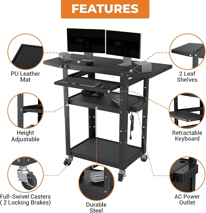 Mobile AV Cart with Pullout Keyboard Tray, Rolling Computer Cart Height Adjustable Rolling Media Utility Cart with 4 Wheels, 4 Outlets, Perfect for Home or Office Us