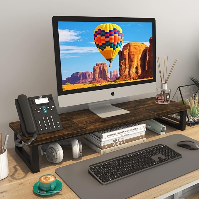 YAOHUOO Dual Monitor Stand Riser, 39Inch Large Monitor Stands for 2 Monitors, Computer Monitor Stand, Wooden Desktop Oraganizer Shelf for Office Desk Computer,Laptop,TV