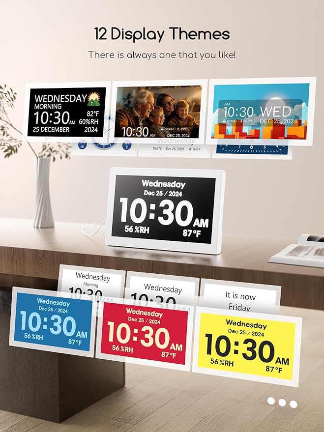 Raynic Digital Clock,10.1 Inch Large Display Calendar Clock with 12 Themes, 20 Alarms, 20 Reminders, Auto Dimming, 12/24 Hours for Seniors, Desk (White, 10.1 Inches)