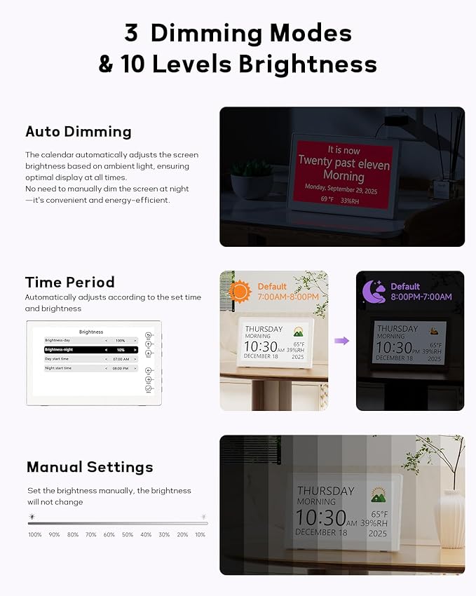 10.1" Digital Clock with Date and Day for Elderly, Digital Calendar with 12 Themes & 9 Colors, AutoDST, 23 Preset Schedules & Customizable, Auto Dimming, Indoor Temperature, Humidity, Easy to Use