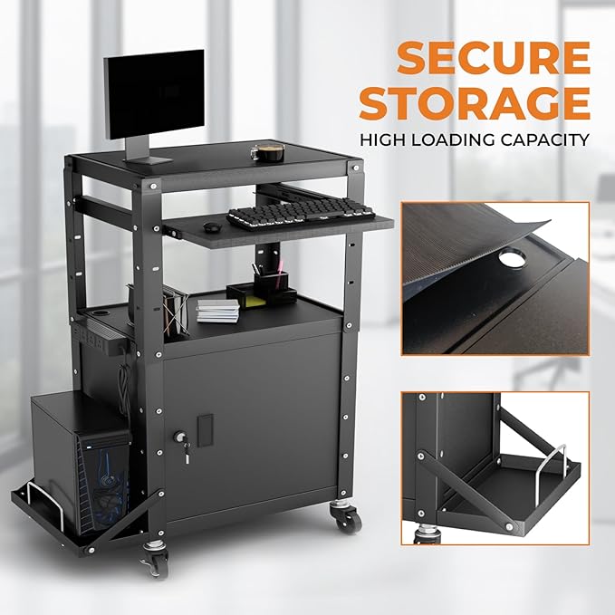 Mobile AV Cart with Side Shelves, Rolling Computer Cart Height Adjustable Rolling Media Utility Cart with Pullout Keyboard Tray Extra Storage Space, 4 Outlets, Perfect for Home or Office Use