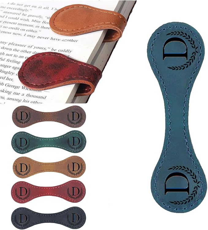 Personalized Magnetic Leather Bookmark, 26 Letters Custom Leather Bookmarks, Handmade, Leather Magnetic Bookmark for Book Lovers Readers Women Kid(Blue，D）