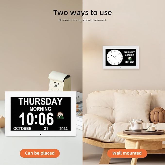 Memwake Digital Alarm Clock, Multiple Alarm Functions, Clock with Date and Day, Digital Alarm and Electronic Calendar for Seniors (White, 7 inch) (10-inch White)