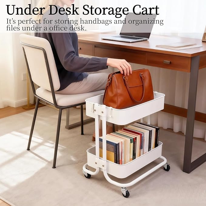 LiWNYRK 2 Tier Under Desk Storage Cart with Wheels Heavy Duty Metal Short Rolling Pantry Storage Cart for Small Space, Utility Trolley for Kitchen Bathroom Laundry Cute Snack Craft Organizer, White