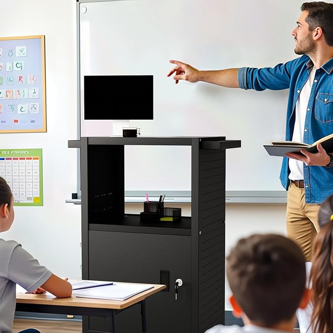 Mobile AV Cart with Push Handles, Heavy Duty Rolling Media Cart with Customized Pegboard & Hooks, Multipurpose Utility Cart with Extra Storage Space, 4 Outlets