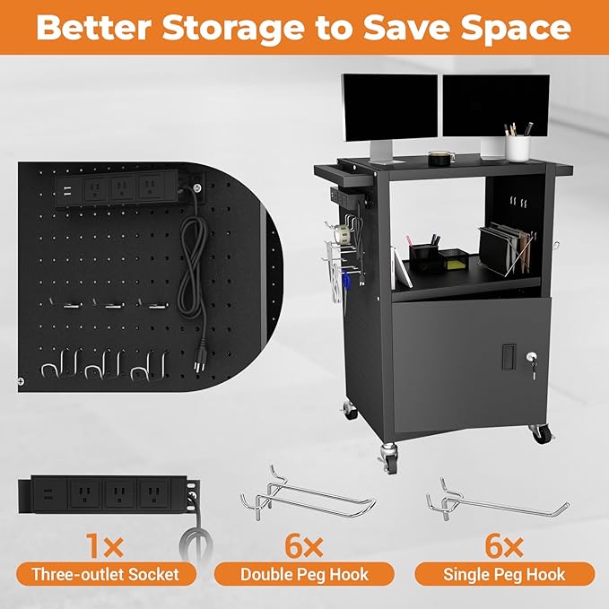 Mobile AV Cart with Push Handles, Heavy Duty Rolling Media Cart with Customized Pegboard & Hooks, Multipurpose Utility Cart with Extra Storage Space, 4 Outlets