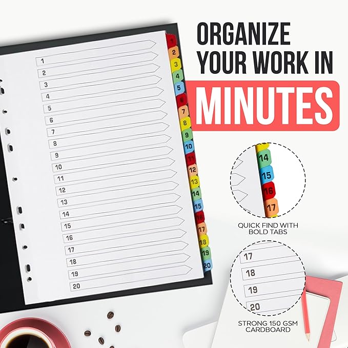 Binder Dividers with Tabs 1-20 Numbered – A4 (10 Pack) | Dividers for 3 Ring Binder | Numbered Tab Dividers for Office, School & Home Organization - The Paper Shop