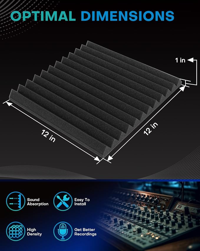 Knightsacoustic 24 Pack Sound Proof Foam Panels for Walls with Self Adhesive, 12x12x1 Acoustic Foam Panels, High Density Acoustic Panels Sound Absorbing, Fire Resistant Studio Sound Proofing Black