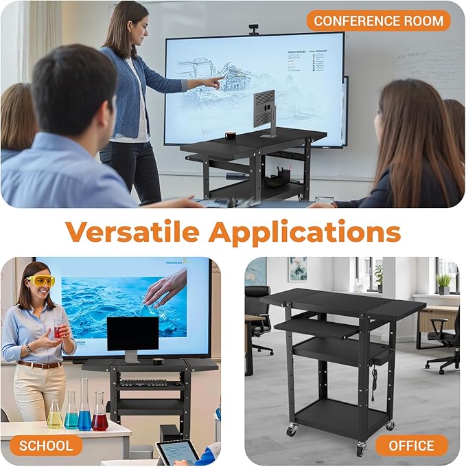 Mobile AV Cart with Pullout Keyboard Tray, Rolling Computer Cart Height Adjustable Rolling Media Utility Cart with 4 Wheels, 4 Outlets, Perfect for Home or Office Us