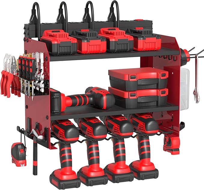 Power Tool Organizer Wall Mount with Charging Station, Garage Storage Rack for Cordless Drill, Tool Battery, Bit and Screwdriver, Utility Shelf with Power Strip and Hooks (3 Layer)