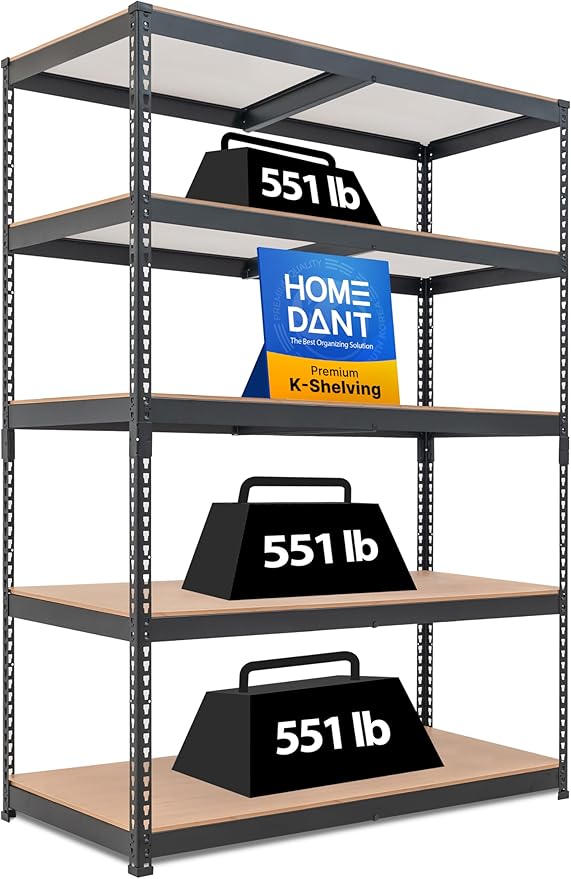HOMEDANT 47.7" W Deep 5 Tier Heavy Duty Garage Shelving Adjustable Metal Rack Storage Shelves Standing Shelf Unit Organizers Industrial Warehouse Basement Black 1Pack