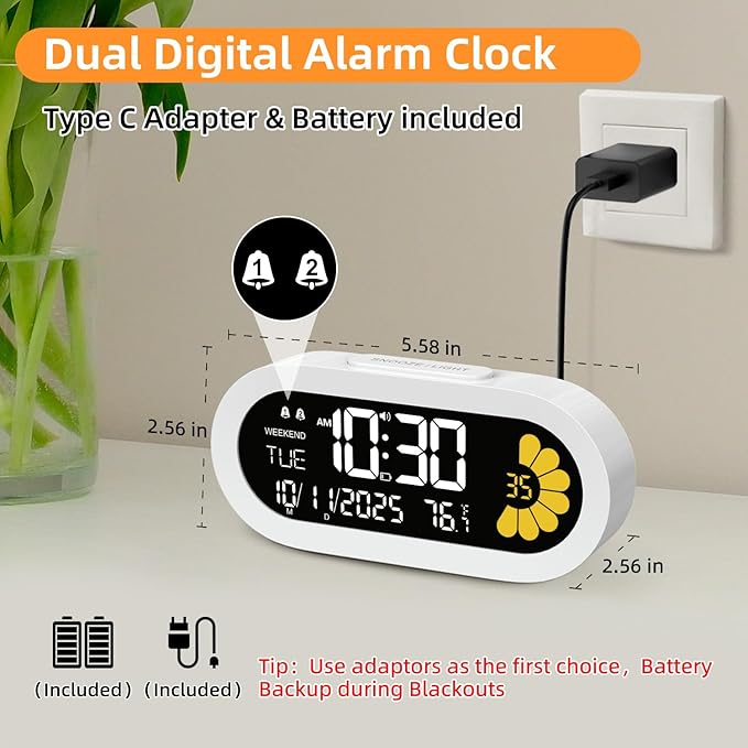 DOOMAY Digital Alarm Clock for Bedroom: Dual Alarm Bedside Clock VA LCD Display with Seconds, 9-Minute Snooze and Weekend Mode, 3 Brightness, 4 Alarms and 3 Volume Levels，Type C & Battery Included