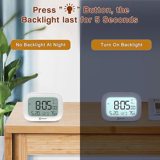 Geevon Small Travel Alarm Clock, Digital Alarm Clocks for Bedrooms Home Office, Battery Operated Desk Clock with 3 Inch Large Display, 2 Alarms, 5s Backlight, Snooze, Indoor Temperature, White
