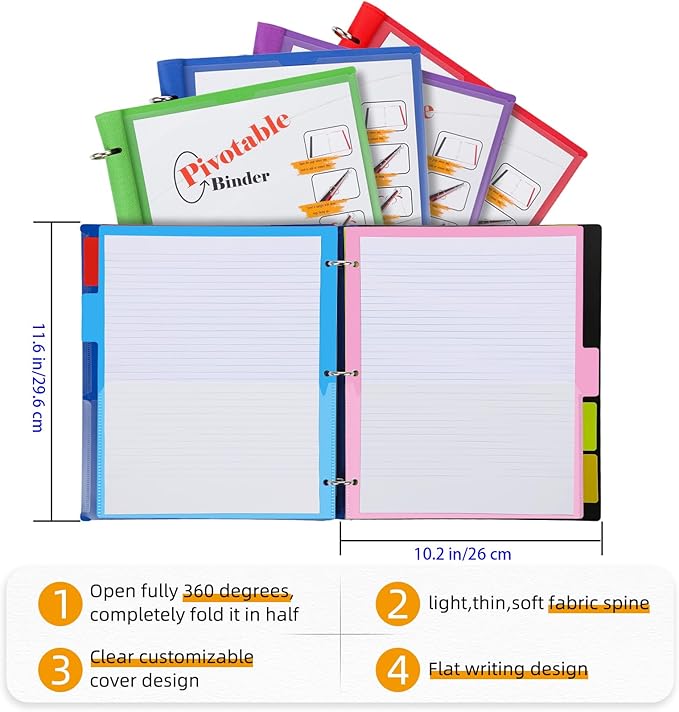360 Pivotable Project Organizer, 3 Ring Binder with Colored Tab Dividers, Customizable Front Cover Multi Pocket Folder for Home, School, Office - Blue