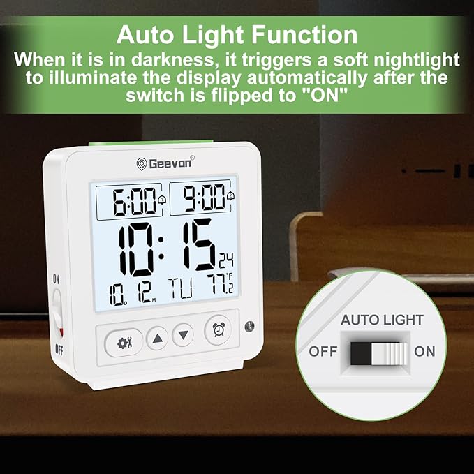 Geevon Atomic Travel Alarm Clock with Auto/8s Backlight, 2 Alarm Settings, Temperature Detect, Increasing Beep Sounds Digital Atomic Travel Clock Battery Operated for Bedroom, Bedside, White
