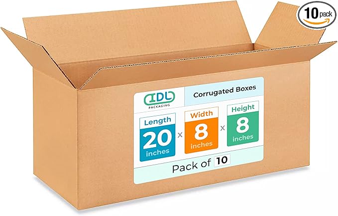 IDL Packaging Heavy Duty Moving Boxes - 20x8x8 inches (10-Pack) - Extra Strength 200 lb Corrugated Packing Boxes