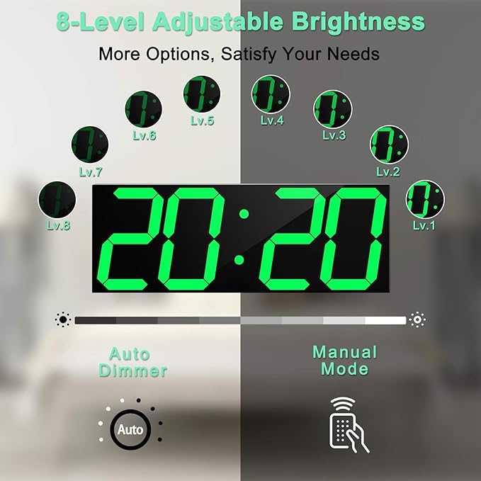 LED Large Digital Wall Clock, Oversize Wall Clock with 6” Numbers, Remote Control Count up/Countdown Timer Clock, Auto Dimmer, Big Calendar and Thermometer(Green)