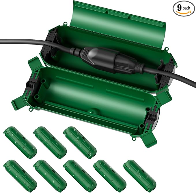 Flemoon [9 Pack] Outdoor Extension Cord Safety Cover, IPX4 Waterproof Connection Protector, Weatherproof Electrical Box for Outdoor Plug, Outlet, Holiday Light, Christmas Decorations, Green