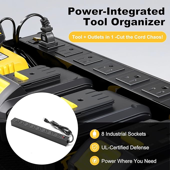 Power Tool Organizer Wall Mount with Charging Station, Heavy Duty Metal Cordless Drill Holder, Garage Tool Storage Battery Rack with 8 Outlet, Gift for Men Husband Dad Birthday Anniversary Yellow