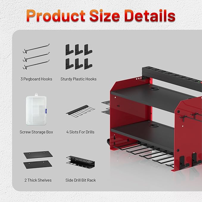 Power Tool Organizer Wall Mount with Charging Station, Garage Storage Rack for Cordless Drill, Tool Battery, Bit and Screwdriver, Utility Shelf with Power Strip and Hooks (3 Layer)