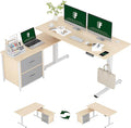 FLEXISPOT 55" L Shaped Standing Desk with Drawers and Shelves, Large Corner Stand Up Desk with Headphone Hooks for Home Office, Light Wood Grain Top+ White Frame