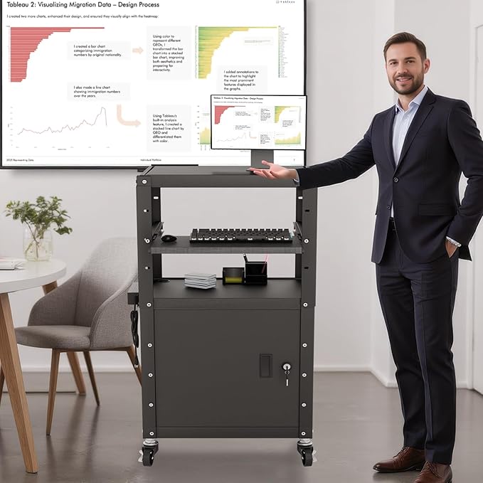 Mobile AV Cart with Cabinet, Rolling Computer Cart Height Adjustable Rolling Media Utility Cart with Extra Storage Space, 4 Outlets, Pullout Keyboard Tray Perfect for Home or Office Use