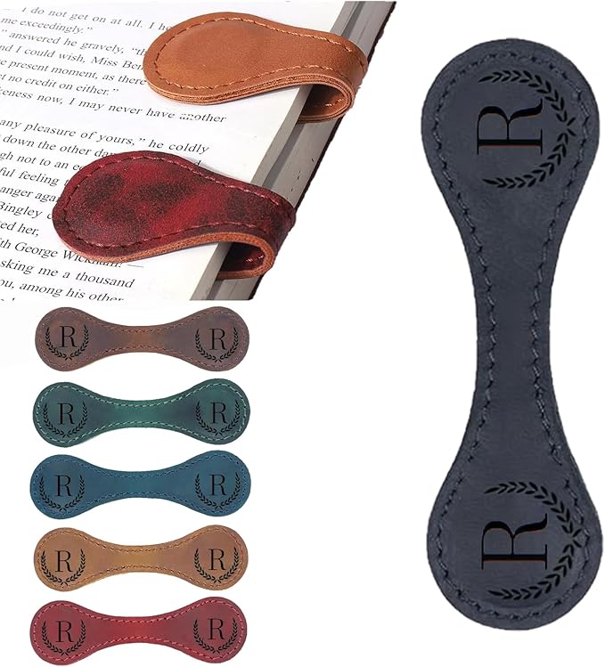 Personalized Magnetic Leather Bookmark, 26 Letters Custom Leather Bookmarks, Handmade, Leather Magnetic Bookmark for Book Lovers Readers Women Kid(Black，R）