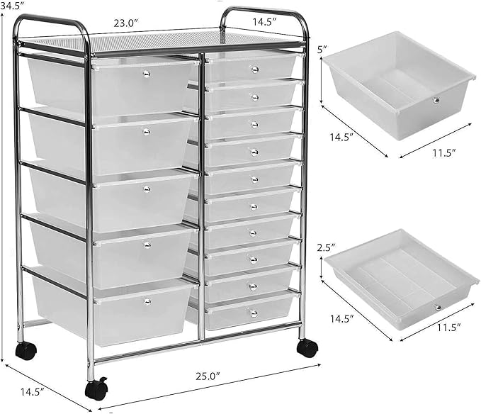 HAPPYGRILL 15-Drawer Rolling Cart, Storage Carts with Removable Drawers & Steel Frame, Utility Cart on Lockable Wheels for Home, School, Office, Black Gradient