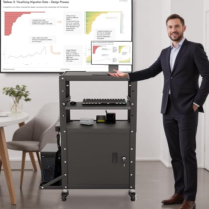 Mobile AV Cart with Side Shelves, Rolling Computer Cart Height Adjustable Rolling Media Utility Cart with Pullout Keyboard Tray Extra Storage Space, 4 Outlets, Perfect for Home or Office Use