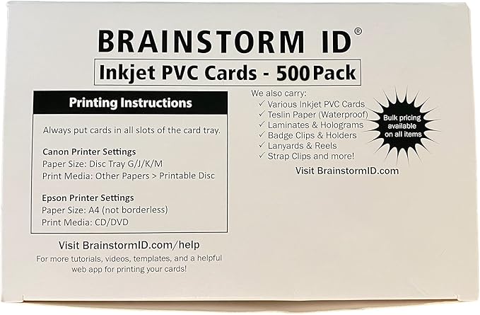 Inkjet PVC Cards (500 Pack) - Inkjet Printable PVC ID Cards with Brainstorm ID's Enhanced Ink Receptive Coating - Waterproof and Double Sided Printing - Works with Epson and Canon Inkjet Printers