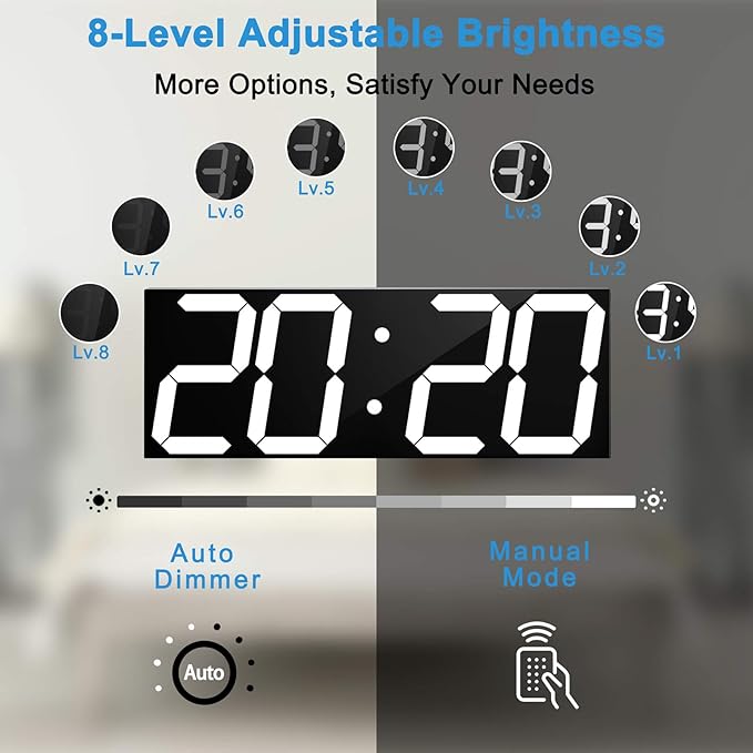LED Large Digital Wall Clock, Oversize Wall Clock with 6” Numbers, Remote Control Count up/Countdown Timer Clock, Auto Dimmer, Big Calendar and Thermometer(White)