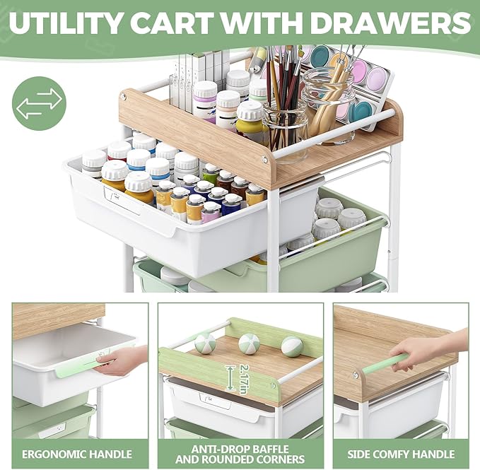 Rolling Storage Utility Cart With 5 Drawers,Craft Cart with Wheels,Makeup Organizer,Art Supply And Storage Wooden Tabletop,Green