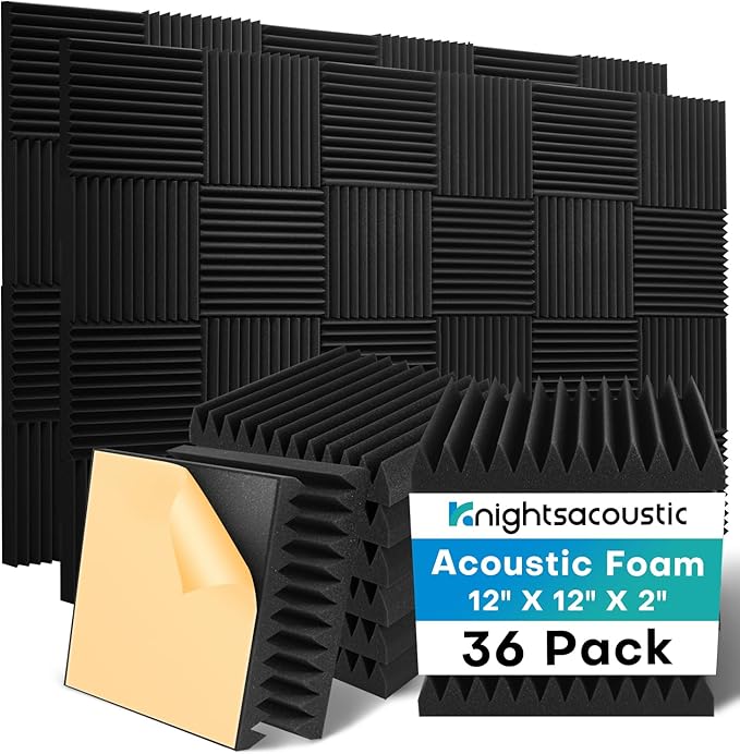 36 Pack Sound Proof Foam Panels for Walls with Self Adhesive, 12x12x2 Acoustic Foam Panels, High Density Acoustic Panels Sound Absorbing, Fire Resistant Studio Sound Proofing Black