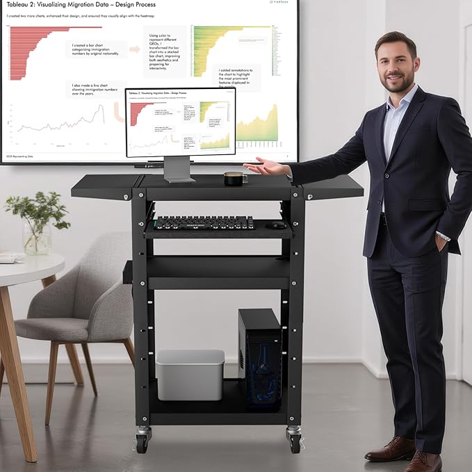 Mobile AV Cart with Pullout Keyboard Tray, Rolling Computer Cart Height Adjustable Rolling Media Utility Cart with 4 Wheels, 4 Outlets, Perfect for Home or Office Us