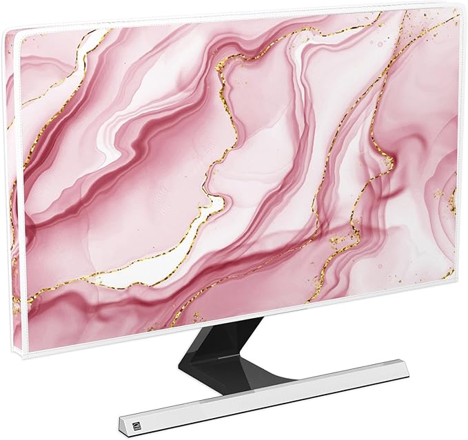 Baocicco Gold Pink Marble Waterproof Computer Monitor Dust Cover 26, 27, 28 Inch Monitor Accessories Laptop TV LCD Screen Decoration for Tablet Anti-Static Dustproof Protective for Home Office