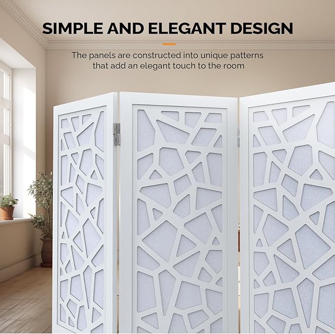 VINGLI 70'' H Room Divider, Non-Woven Fabric Privacy Screen, Indoor Partition Wall Dividers, Freestanding Hinged Space Separator with Modern Unique Pattern (White, 6 Panel)