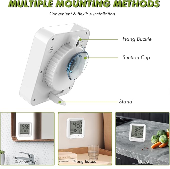 Wisoee Digital Shower Clock Waterproof, Bathroom Wall Clock Timer with Touch Screen, Temperature, LCD Display, Suction Cup Hanging Hole Stand for Kids and Adults