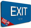 NAP TAGS ADA-compliant Exit Sign (6" x 3"). Features raised text and Braille on a blue background. Durable, easy to install, and perfect for any indoor facility.