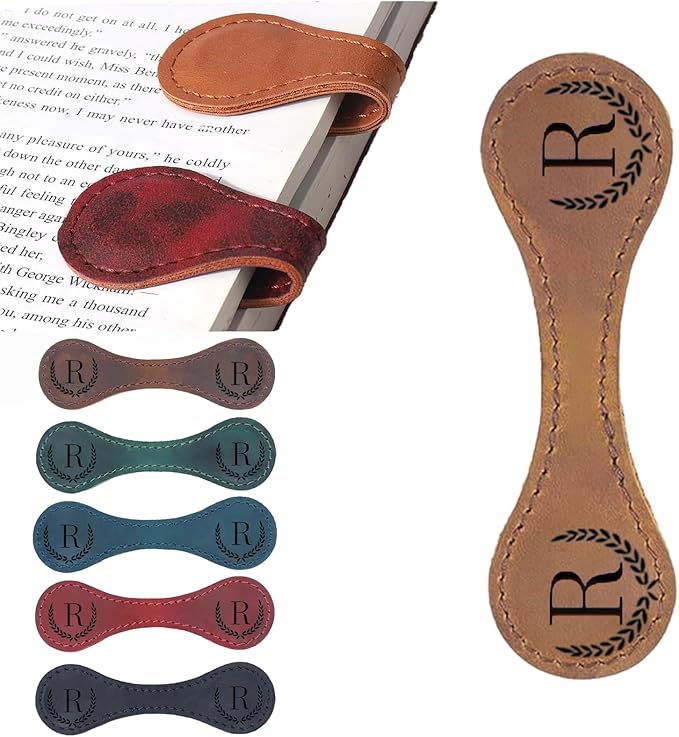 Personalized Magnetic Leather Bookmark, 26 Letters Custom Leather Bookmarks, Handmade, Leather Magnetic Bookmark for Book Lovers Readers Women Kid(Dark Yellow，R）