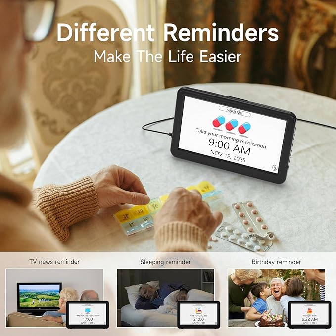 Raynic Date Clock, Digital Calendar Clock with 12 Themes, 20 Alarms, 20 Reminders, Semi-Automatic Dimming, 12/24 Hours, Auto DST for Desktop, Office, Students (Black, 7 Inches)