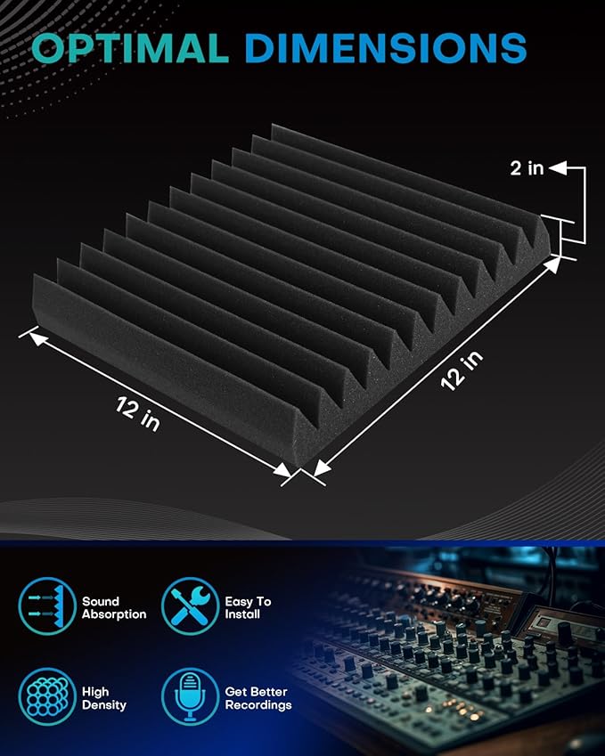 Knightsacoustic 24 Pack Sound Proof Foam Panels for Walls with Self Adhesive, 12x12x2 Acoustic Foam Panels, High Density Acoustic Panels Sound Absorbing, Fire Resistant Studio Sound Proofing Black