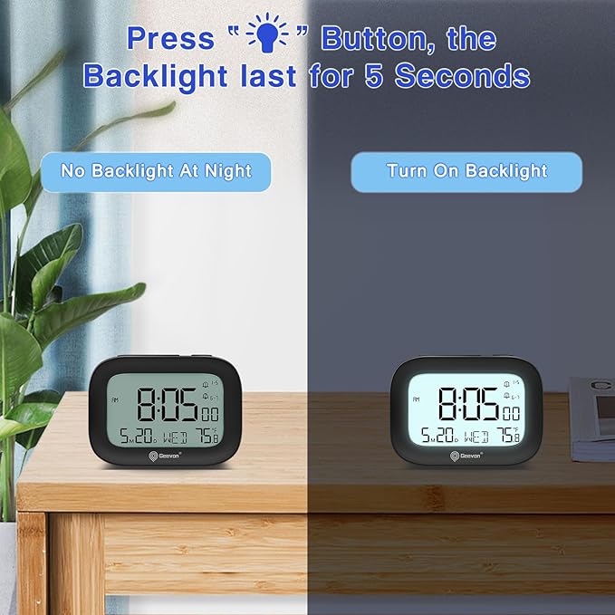 Geevon Small Travel Alarm Clock, Digital Alarm Clocks for Bedrooms Home Office, Battery Operated Desk Clock with 3 Inch Large Display, 2 Alarms, 5s Backlight, Snooze, Indoor Temperature, Black