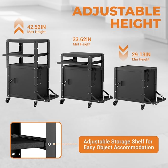 Mobile AV Cart with Side Shelves, Rolling Computer Cart Height Adjustable Rolling Media Utility Cart with Pullout Keyboard Tray Extra Storage Space, 4 Outlets, Perfect for Home or Office Use